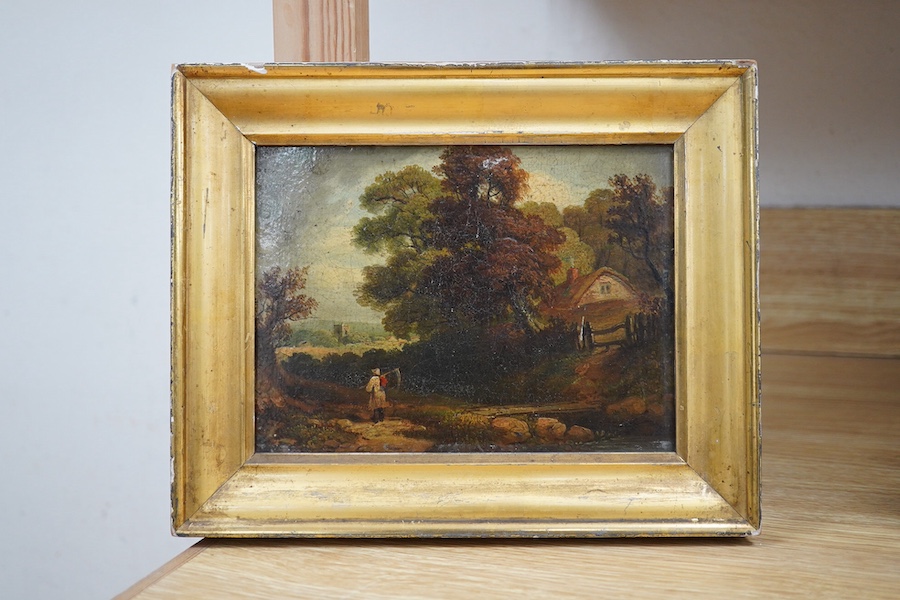 After John Constable RA (1776-1837), oil on board, Pastoral landscape with harvester, 14 x 19.5cm, gilt framed. Condition - fair